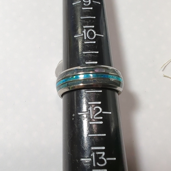 Stainless Steel Polished Blue Fire Opal and Abalone Inlaid 8mm Band Ring Sz 11 - Picture 3 of 5